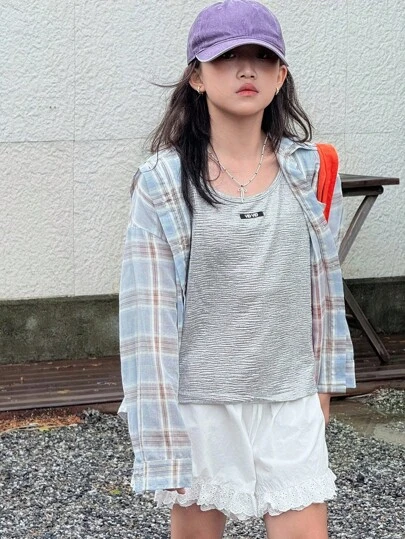 Dazy Kids 青少年女孩夏季休闲轻便格子衬衫，街头风格