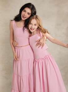 2pcs/Set Tween Girl Solid Color Camisole And Pleated Midi Skirt Set, Summer - Pink - View 3