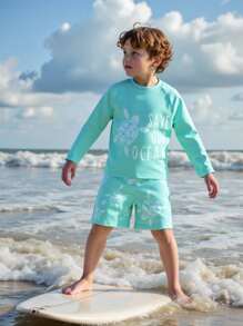 Young BoyTurtle 印花拼接短袖泳衣套装，酷炫风格