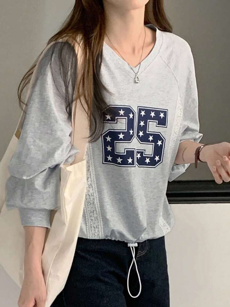 Women's V-Neck Number Print Lace Patchwork Loose Casual Pullover Sweatshirt