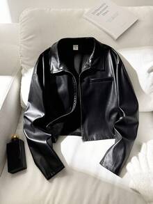 SHEIN Tween Girl Casual Streetwear Style Lapel PU Metal Zipper Front Cropped Jacket, Black Black Leather Jacket Cropped Leather Jacket Faux Leather Jacket Black Cropped Jacket,In Fall/Winter