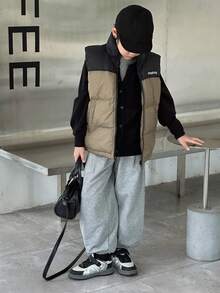 Dazy Kids 男童拼色字母印花棉服外套、秋季系列背心 - 軍綠色 - 查看 2