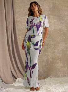 Roveilla 大码优雅休闲花卉印花短袖上衣和鱼尾裙两件套，春夏 - 淡紫色 - 查看 4