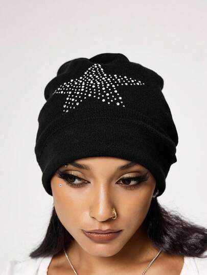 Grunge Punk 1 pezzo Berretto a costine nero vintage di alta qualità con borchie a forma di stella, stile punk, cappello alla moda adatto per l'uso quotidiano in tutte le stagioni