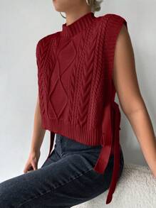 EURMUSE Mock Neck Knot Side Cable Knit Sweater Vest - Red - View 5