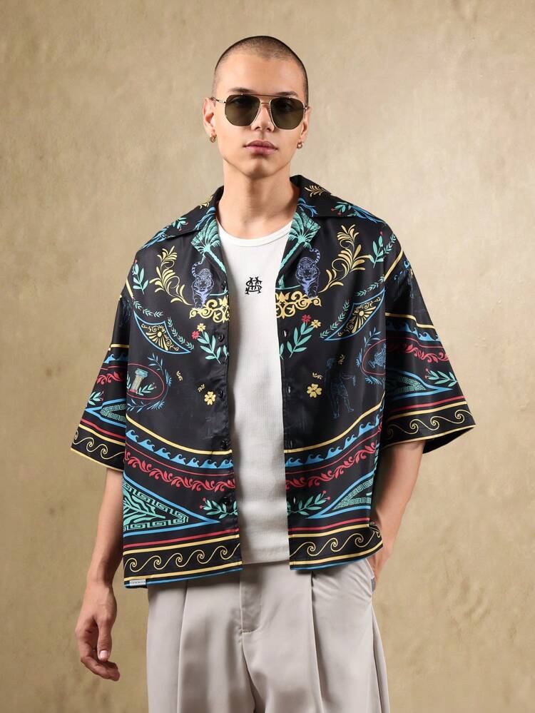 Men Shirt Short Sleeve Loose Fit Boxy Palm Tree Tiger Print Revere Collar