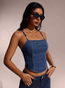 Avantive Summer Women Prom/Formal/Beach/Vacation/Cute/Western Wear/Business Casual/Elegant/Birthday/Going Out/Club/Office Outfits/Festival/Rave/Work Clothes/Classy/Country Concert/Brunch/Cruise/OldMoney/Airport/Modest/Church/Fairycore/Coquette/Tea Party/Y2k/Streetwear/2000s/Disco/Spring Break/Graduation/WeddingGuest/Cocktail/Vintage/Bodycon/Resort/Blue Tight-Fitting Metal-Decorated Denim Halter Top - Medium Wash - View 3