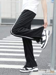 PantsHub 青少年男孩休闲撞色丝带饰边拉链门襟字母印花运动裤，舒适时尚，百搭柔软，适合春夏季、日常穿着、户外、学校、街头服饰、派对和休闲