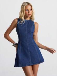 Jeanoix Women's Sexy Backless Mini Denim Dress, Fashion Casual - Blue - View 3