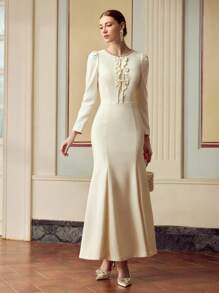 ZEYLAH Vestido elegante de mujer con decoración de mariposa con cuentas y cristales, diseño de cola de pez - Albaricoque - Ver 4