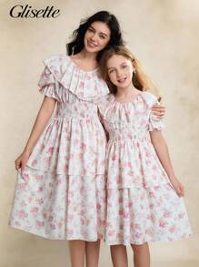 Tween Girls Casual Elegant White Ditsy Floral Ruffled Hem Camisole Dress - Pink - View 2