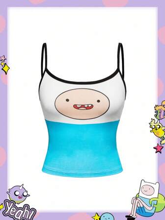 Adventure Time X ROMWE Top ajustado de tirantes con estampado de bloques de color y gráficos de expresión de dibujos animados para mujer