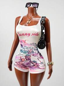 BamGleam Women's Tight Unitard Romper , New Summer Casual Streetwear Y2K Sexy Girl Daily Date , Square Neck Sleeveless Slim Fit Crane & Sunset Pattern, One-Piece Outfit - Multicolor - View 1