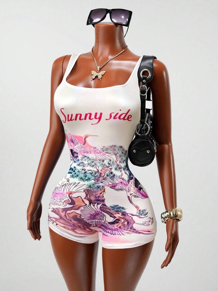 BamGleam Women's Tight Unitard Romper , New Summer Casual Streetwear Y2K Sexy Girl Daily Date , Square Neck Sleeveless Slim Fit Crane & Sunset Pattern, One-Piece Outfit - Multicolor - View 1