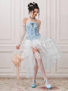 ROMWE Kawaii 女士复洛克风格浪漫珍珠蝴蝶结系带紧身胸衣上衣