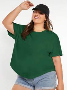 SHEIN BASICS Camiseta casual plus size de cor sólida, gola redonda, manga curta, verão - Verde escuro - Ver 1