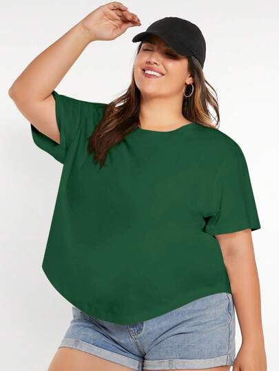 SHEIN BASICS Plus Size Solid Color Round Neck Casual Short Sleeve T-Shirt, Summer