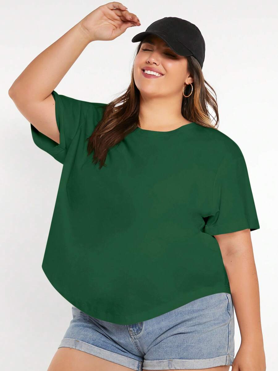SHEIN BASICS Camiseta casual plus size de cor sólida, gola redonda, manga curta, verão - Verde escuro - Ver 1