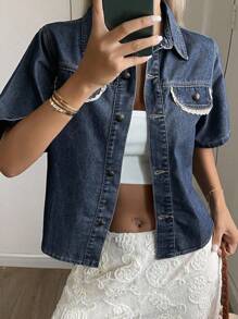Livesso Women's Summer Denim Jacket With Collar, Short Sleeve & Lace Ribbon Decoration - Blue - View 3