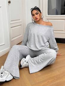 Solflare Bộ đồ ngủ hai mảnh màu xám cỡ lớn, áo hoodie và quần nỉ, thoải mái, dễ chịu, bộ đồ hai mảnh, bộ đồ hai mảnh thoải mái, bộ đồ hai mảnh dành cho nữ, bộ đồ thường ngày thoải mái dành cho nữ - Xám - Xem 2