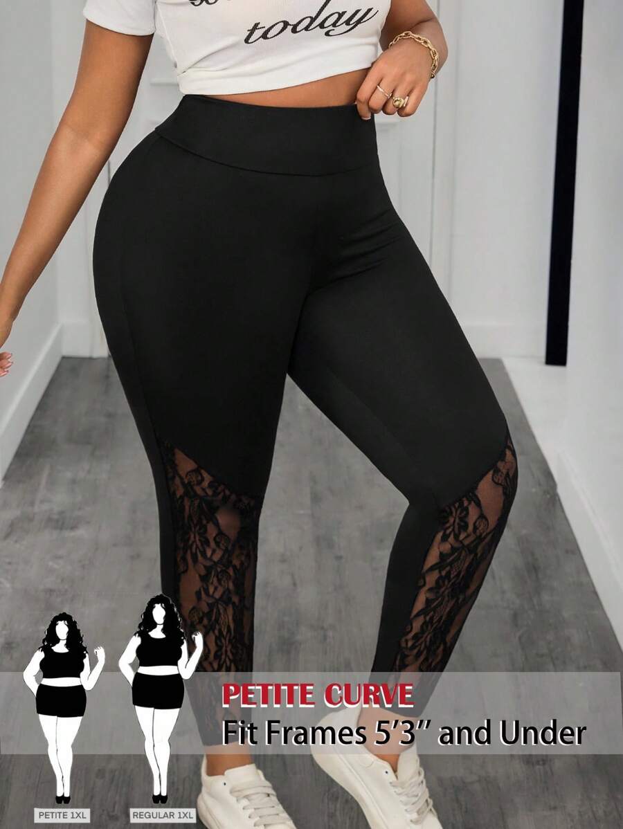 SHEIN PETITE CURVE 高腰蕾丝拼布女式紧身裤 - 黑色 - 查看 1