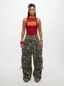 SUMWON WOMEN 夏威夷州无袖罗纹赛车背心，夏季节日夏威夷岛海滩休闲学院风 - 紅色 - 查看 7