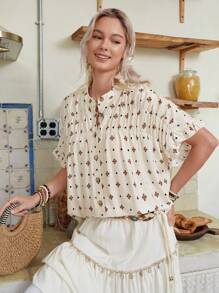 LanaWest New Women Short Sleeve Button Down Western Bohemian Style Casual Everyday Versatile Blouse - Apricot - View 5