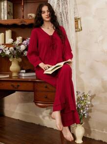 法国南部优雅领带蝴蝶结宽松休闲女士家居服套装，圣诞节 - 酒紅色 - 查看 3