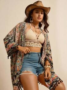 Freevana Plus Size Printed Beach Fringed Hem Kimono,Travel Airport,Going Out,Country,Back To School, Holiday Elegant, Vacation Style, Holiday,Boho/Bohemian Kimono,Print Kimono Summer Plus Size Kimono Plus Size Hippie Boho Kimono - Multicolor - View 5