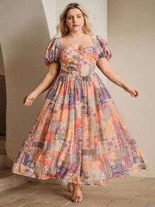 Anewsta 度假风印花带胸垫长袖A字中长连衣裙