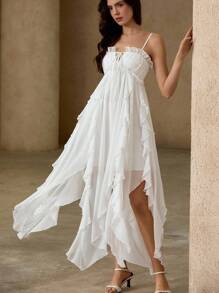 Chiquease Solid Color Chiffon Flowy Spaghetti Strap Waist Ruffled Layered Maxi Long Sleeveless Dress For Women - White - View 3
