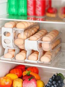 SHEIN 1 pieza Dispensador transparente de 3/4 niveles deslizante para huevos, soporte automático a prueba de roturas para refrigerador y encimera, fácil de limpiar, lavable, equipo de suministro industrial de alimentos, estante de almacenamiento en la puerta lateral del refrigerador para organización de la cocina, caja de almacenamiento de huevos