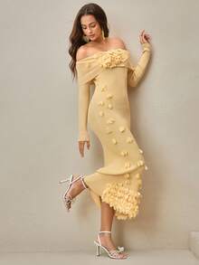 Anewsta Vestido de midi de hombros descubiertos con elegante aplicación floral de punto para mujer - Amarillo - Ver 1