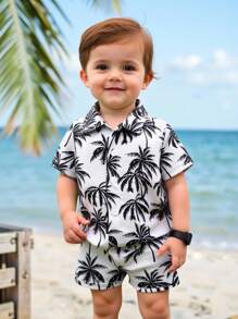 SHEIN Playful Pals 两件套幼儿婴儿男童度假绿色热带植物图案短袖衬衫松紧腰短裤套装，儿童服装。幼儿服装，幼儿衬衫，幼儿短裤，婴儿套装，6个月-3岁 - 黑與白 - 查看 9