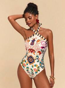 Travachic Traje de baño de una pieza con cuello halter y estampado floral para mujer