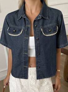 Livesso Women's Summer Denim Jacket With Collar, Short Sleeve & Lace Ribbon Decoration - Blue - View 5