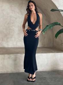 Aloruh 女士夏季度假吊带黑色连衣裙 - 黑色 - 查看 8