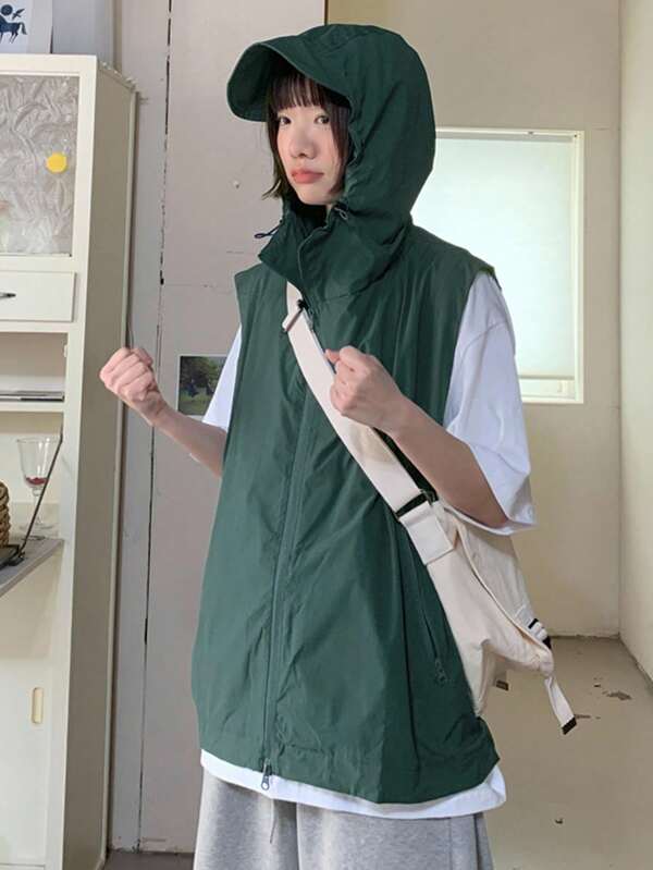 DAZY Women's Solid Color Zipper Front Drawstring Hooded Casual Regular Jacket