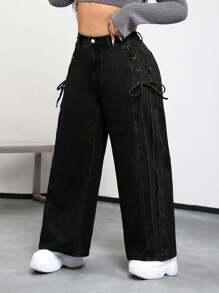 SHEIN PETITE CURVE 大码休闲水洗交叉带牛仔裤