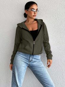 EURMUSE 100%Cotton Zip Up Long Sleeves Casual Drawstring Hoodie - Army Green - View 4