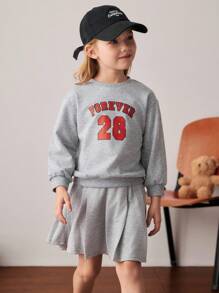 PrepCrw 2 pièces/Set Style universitaire pour filles Sweat-shirt à imprimé lettres et jupe plissée