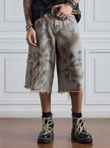 ROMWE MEN Grunge Punk 男士蜡染磨边宽松休闲牛仔短裤，万圣节 - 灰色 - 查看 6