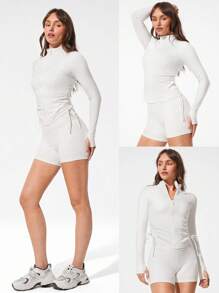 GLOWMODE FeatherFit™ Cool Contour Sweat-Wicking Stretchy Side Drawstring Slim Fit Jacket With Thumbholes Zipper Guard Low-Impact Yoga Pilates Barre Studio Daily Casual Wear