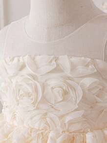 SHEIN Glamorique Kids Infant/Baby Girl Floral 3D Lace Tulle Satin Puff Sleeve Back Bow Pearls Decorated Party Dress, Wedding Flower Girl Gown For Birthday, Anniversary Baby Girl Dress Elegant Wedding Baby Bow Dress Baby Flower Girl Dress Toddler Flower Girl Dress Champagne Baby Dress Fall Winter - Champagne - View 6