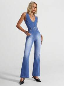 Jeanoix 时尚休闲修身女式高腰无袖牛仔连体裤 - 深色水洗藍 - 查看 1