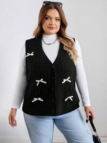 SHEIN CURVE+ Plus Size Women's Bow Decor Single-Breasted Knitted Vest