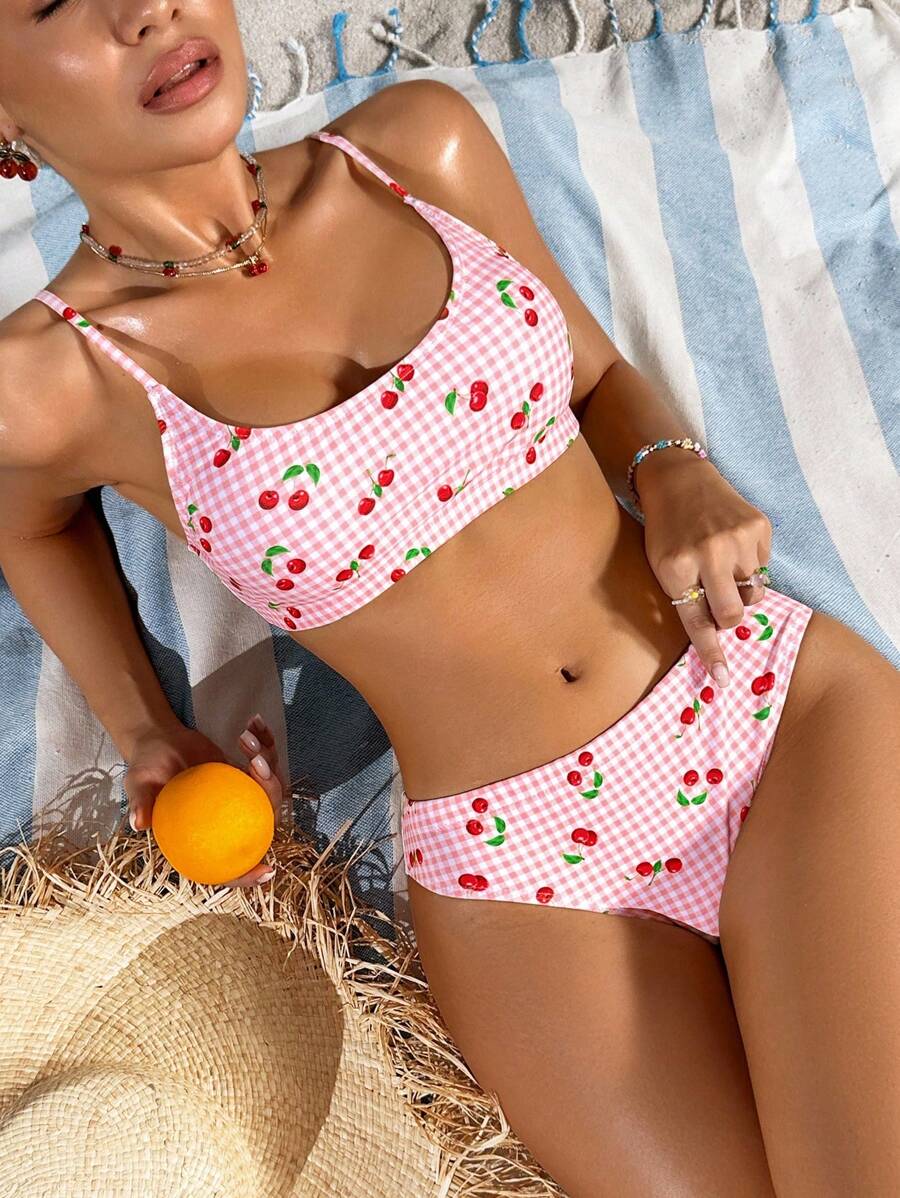 Swim Mod 女士夏季海滩格子樱桃印花性感比基尼泳装套装，随机印花 - 彩色 - 查看 1