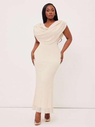 SHEIN SXY 加大码女式杏色围脖领紧身派对连衣裙，适合日常穿着、节日、约会之夜、生日、单身派对、婚礼、优雅、休闲、购物、街头服饰、外出、易于搭配且看起来修身，凸显您的身材，修饰身材