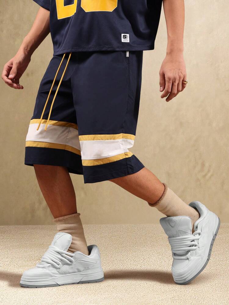 Premium Retro Basketball Style Athletic Shorts With Color Block Design Drawstring Waist