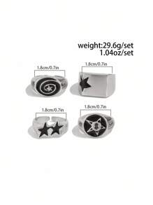 ROMWE Goth 4pcs/Set Punk Style Spiral Star Rings, Adjustable Ring Set For Couples